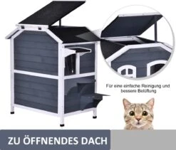 PawHut Kattenhuis Voor Buiten Kattenhut Met 2 Verdiepingen Kattenvilla, Asfaltdak, Massief Hout Grijs D30-236 -Kattenbenodigdheden Winkel 1200x1026