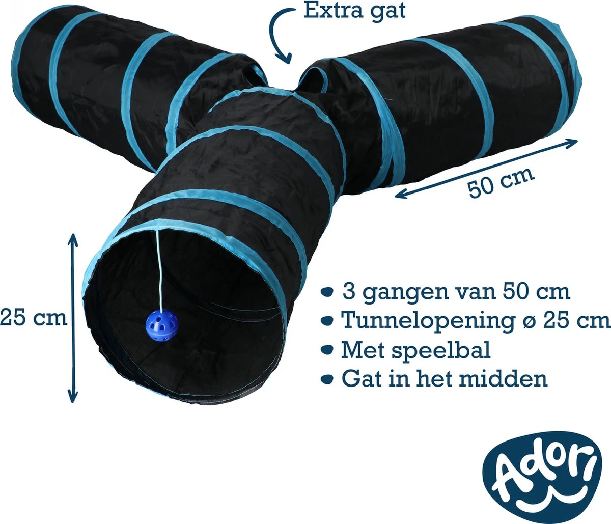 Adori Katten Tunnel 3 Gangen - Kattenspeelgoed - Ø25x50 Cm Zwart 1 Adori Katten Tunnel 3 Gangen - Kattenspeelgoed - Ø25x50 Cm Zwart
