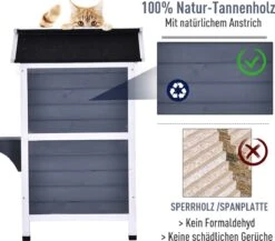 PawHut Kattenhuis Voor Buiten Kattenhut Met 2 Verdiepingen Kattenvilla, Asfaltdak, Massief Hout Grijs D30-236 -Kattenbenodigdheden Winkel 1200x1054 1