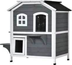 PawHut Kattenhuis Voor Buiten Kattenhut Met 2 Verdiepingen Kattenvilla, Asfaltdak, Massief Hout Grijs D30-236 -Kattenbenodigdheden Winkel 1200x1074