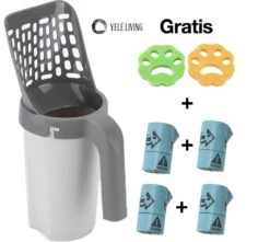 YELÉ LIVING – Kattenbakschep – Haarverwijderaar - Cat Litter Scoop – Kattenbakschep Met Container – Katten – Kattenbak – Grijs/wit – Kattenbak Schep – Grind – Kattengrind – Kattenbak Grind – Poep Zakjes – Afvalcontainer - All-in-1 Kattenbakschep