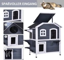 PawHut Kattenhuis Voor Buiten Kattenhut Met 2 Verdiepingen Kattenvilla, Asfaltdak, Massief Hout Grijs D30-236 -Kattenbenodigdheden Winkel 1200x1130 2