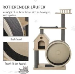 PawHut Kattenboom Met Loopwiel Krabpaal Met 4 Verdiepingen Kattenhuis Met Sisalpalen Massief Hout D30-303 -Kattenbenodigdheden Winkel 1200x1190 5