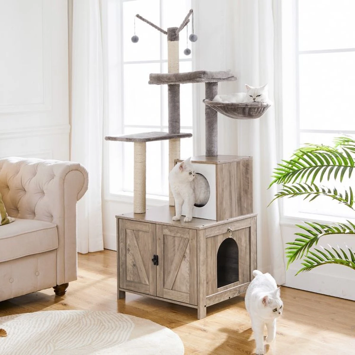 Signature Home Catty Krabpaal Met Kattenbak - Kattenbakkast - Kattenhuis Met Deur En Slot - Krabpalen Met Hangmat Mand Katten Huis - Kattenbakmeubel Verborgen - Alles-in-één Kattenspeelgoed Met Kattenhuis - Grijs - 60cm X 150cm X 48cm 7 Signature Home Catty Krabpaal Met Kattenbak - Kattenbakkast - Kattenhuis Met Deur En Slot - Krabpalen Met Hangmat Mand Katten Huis - Kattenbakmeubel Verborgen - Alles-in-één Kattenspeelgoed Met Kattenhuis - Grijs - 60cm X 150cm X 48cm - Afbeelding 7