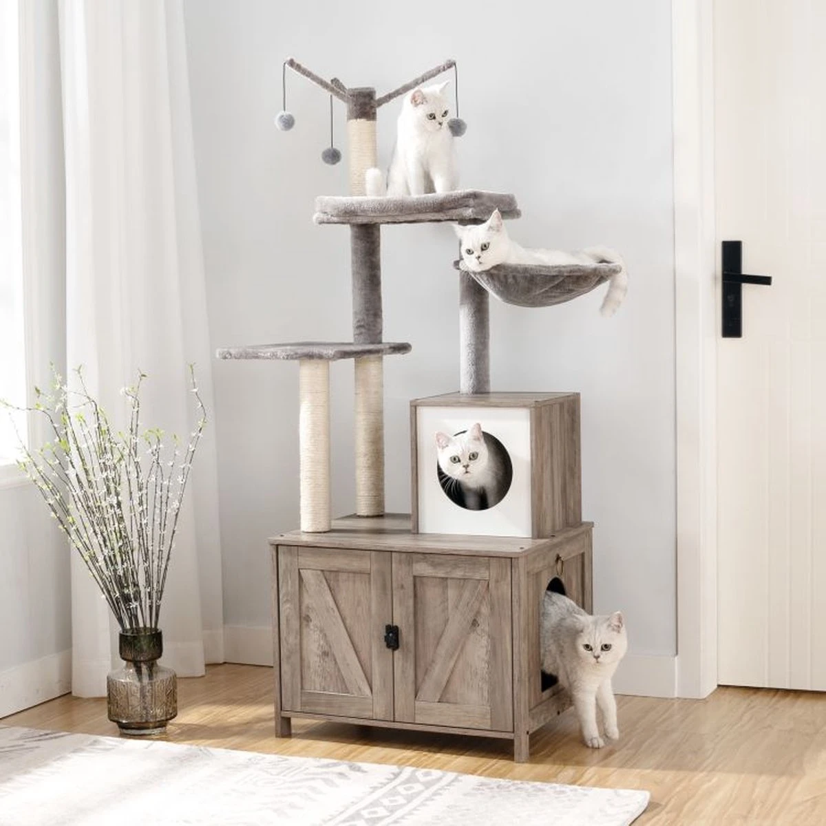 Signature Home Catty Krabpaal Met Kattenbak - Kattenbakkast - Kattenhuis Met Deur En Slot - Krabpalen Met Hangmat Mand Katten Huis - Kattenbakmeubel Verborgen - Alles-in-één Kattenspeelgoed Met Kattenhuis - Grijs - 60cm X 150cm X 48cm 9 Signature Home Catty Krabpaal Met Kattenbak - Kattenbakkast - Kattenhuis Met Deur En Slot - Krabpalen Met Hangmat Mand Katten Huis - Kattenbakmeubel Verborgen - Alles-in-één Kattenspeelgoed Met Kattenhuis - Grijs - 60cm X 150cm X 48cm - Afbeelding 9