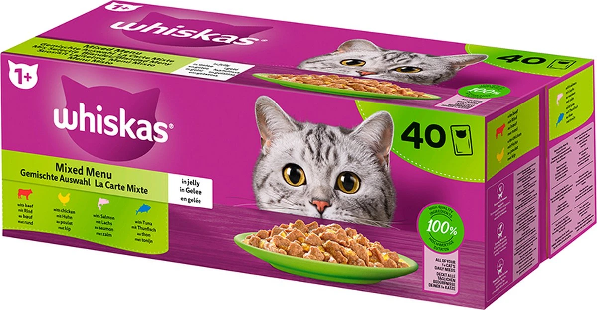 Whiskas Nat Kattenvoer 'Mixed Menu' In Gelei MEGAPACK - Rund, Kip, Zalm & Tonijn - 40 X 85g 2 Whiskas Nat Kattenvoer 'Mixed Menu' In Gelei MEGAPACK - Rund, Kip, Zalm & Tonijn - 40 X 85g - Afbeelding 2