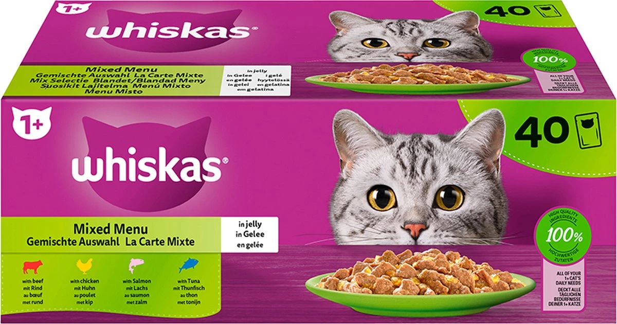 Whiskas Nat Kattenvoer 'Mixed Menu' In Gelei MEGAPACK - Rund, Kip, Zalm & Tonijn - 40 X 85g 1 Whiskas Nat Kattenvoer 'Mixed Menu' In Gelei MEGAPACK - Rund, Kip, Zalm & Tonijn - 40 X 85g