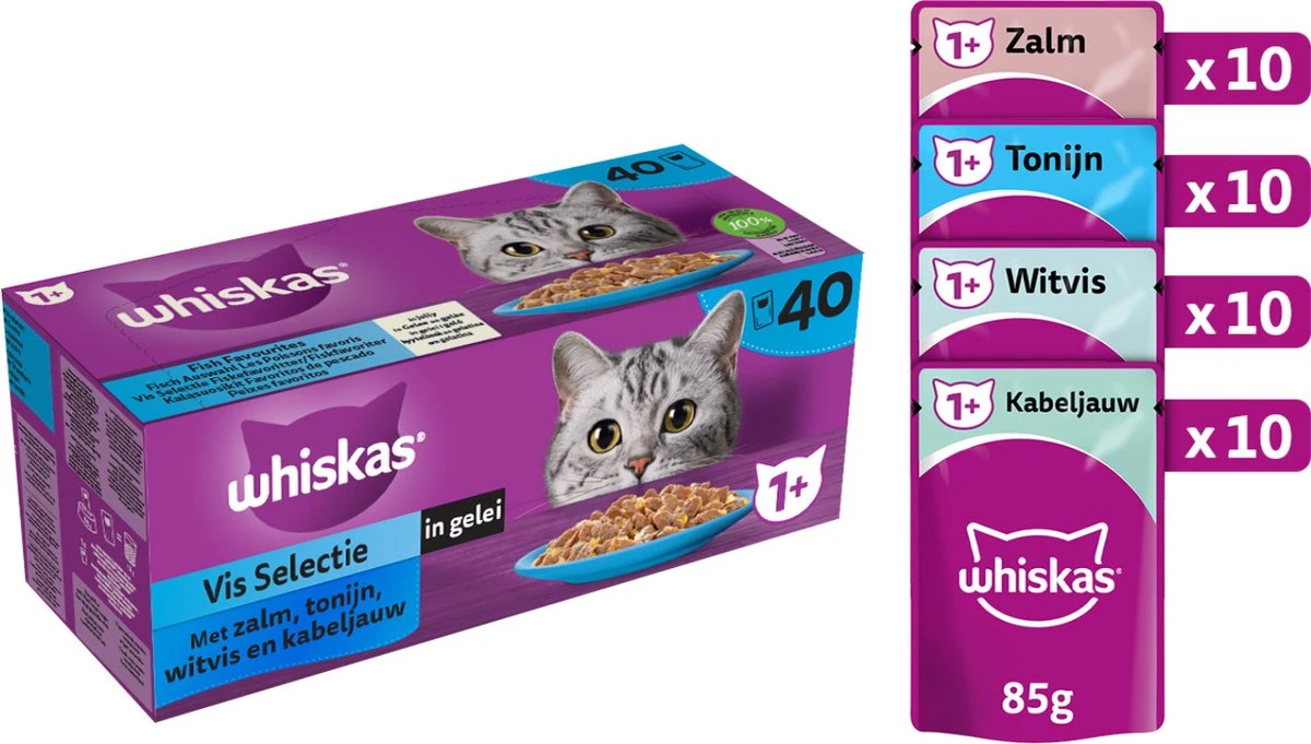 Whiskas 1+ Natvoer - Vis - Selectie In Gelei - Maaltijdzakjes 40 X 85 G 1 Whiskas 1+ Natvoer - Vis - Selectie In Gelei - Maaltijdzakjes 40 X 85 G