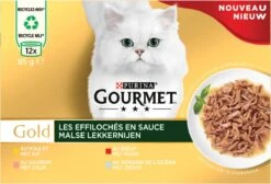Gourmet Gold Malse Lekkernijen – Kattenvoer Natvoer - Met Kip, Zalm, Rund, Zeevis – 48 X 85 Gr -Kattenbenodigdheden Winkel 1200x817