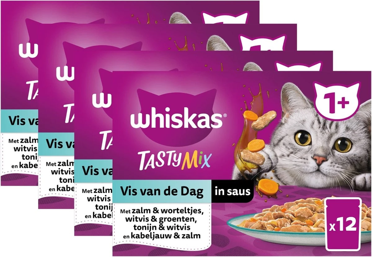 Whiskas 1+ Natvoer - Tasty Mix - Vis Van De Dag In Saus - Maaltijdzakjes 48 X 85 G 1 Whiskas 1+ Natvoer - Tasty Mix - Vis Van De Dag In Saus - Maaltijdzakjes 48 X 85 G