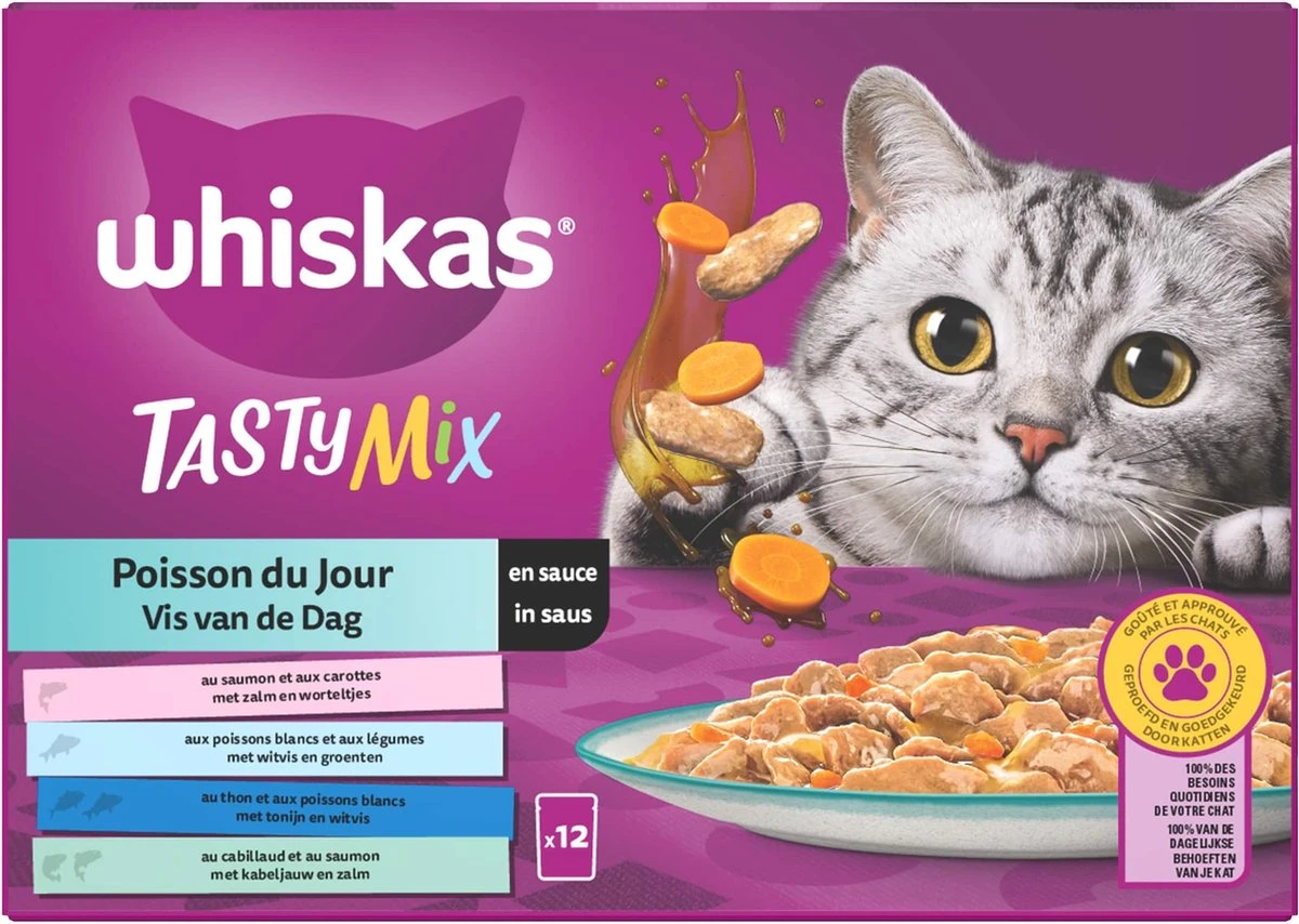Whiskas 1+ Natvoer - Tasty Mix - Vis Van De Dag In Saus - Maaltijdzakjes 48 X 85 G 2 Whiskas 1+ Natvoer - Tasty Mix - Vis Van De Dag In Saus - Maaltijdzakjes 48 X 85 G - Afbeelding 2