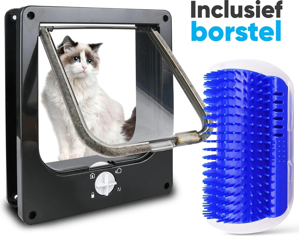 BFreshPets Kattenluik + Massageborstel - Met Tunnel - 4 Vergrendelingsstanden - Weersbestendig - Maat L - Zwart - 27 X 24 Cm 1 BFreshPets Kattenluik + Massageborstel - Met Tunnel - 4 Vergrendelingsstanden - Weersbestendig - Maat L - Zwart - 27 X 24 Cm