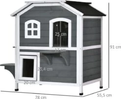 PawHut Kattenhuis Voor Buiten Kattenhut Met 2 Verdiepingen Kattenvilla, Asfaltdak, Massief Hout Grijs D30-236 -Kattenbenodigdheden Winkel 1200x983