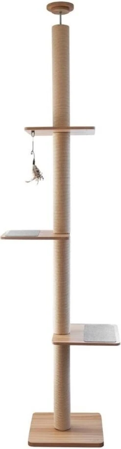 BeOneBreed Katt3 EVO Tower - Krabpaal Voor Katten Van Vloer Tot Plafond – Inclusief 3 Vilten Matjes En Hangspeeltje - Gelamineerd Hout - Maximale Hoogte 254 Cm