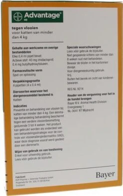 Bayer Advantage 40 Tegen Vlooien - <4kg - 4 X 0,4 Ml - Adult -Kattenbenodigdheden Winkel 752x1200