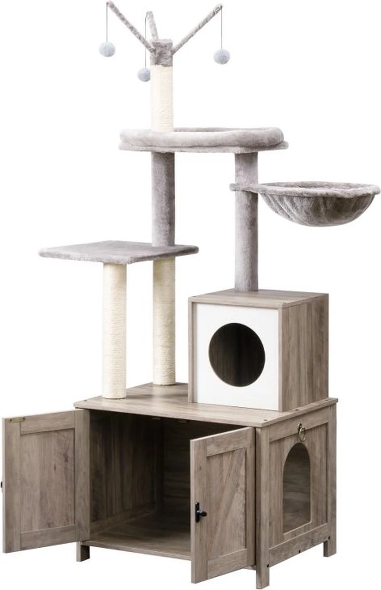 Signature Home Catty Krabpaal Met Kattenbak - Kattenbakkast - Kattenhuis Met Deur En Slot - Krabpalen Met Hangmat Mand Katten Huis - Kattenbakmeubel Verborgen - Alles-in-één Kattenspeelgoed Met Kattenhuis - Grijs - 60cm X 150cm X 48cm 1 Signature Home Catty Krabpaal Met Kattenbak - Kattenbakkast - Kattenhuis Met Deur En Slot - Krabpalen Met Hangmat Mand Katten Huis - Kattenbakmeubel Verborgen - Alles-in-één Kattenspeelgoed Met Kattenhuis - Grijs - 60cm X 150cm X 48cm