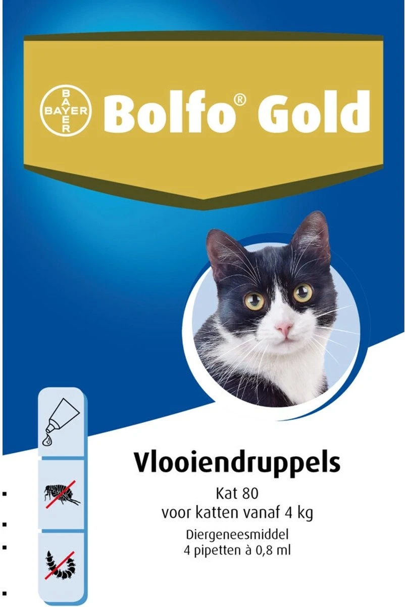 Bayer Bolfo Gold 80 Anti Vlooienmiddel - Kat - > 4 Kg - 4 Pipetten 1 Bayer Bolfo Gold 80 Anti Vlooienmiddel - Kat - > 4 Kg - 4 Pipetten