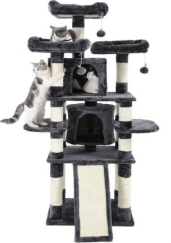 Grote Krabpaal, Krabpaal Met 3 Comfortabele Uitkijkplatforms, Kattenspeelgoed Met 2 Knuffelholen, Dikke Sisalpalen, Extra Krabplank, Stal, 172 Cm, Rookgrijs PCT18GYZ